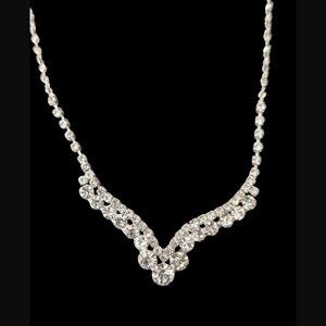 Vintage Silver Tone Clear Crystal V Necklace 20.5"